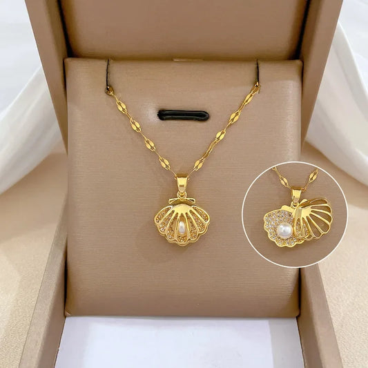 ZAKOL Korean Light Luxury Shell Pearl Necklace For Women Micro Inlaid Zircon Love Heart Moon Choker Wedding Jewelry