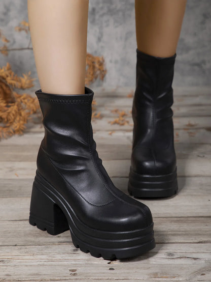 Women New Fashion Short Boots Women Sexy Leather Boot Square toe casual Zipper high heels Casual thick soled women shoes Zapatos