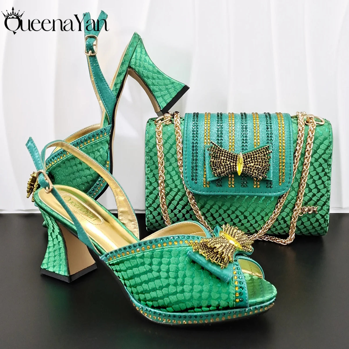 QueenaYan 2026 New Italian Pumps and Bag To Party  INS Style Open-Toe Rhinestone Elegant High Heels for Women Party
