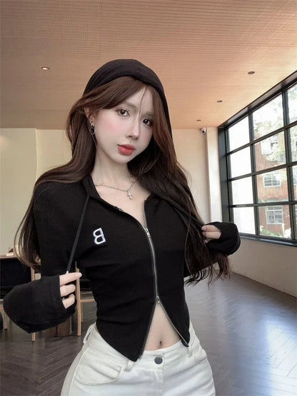Y2k American Vintage Zip Up Hoodies 2000s Long Sleeve Subculture Hooded Sweatshirt Hot Girl Letter Short Slim Autumn Coat Chic