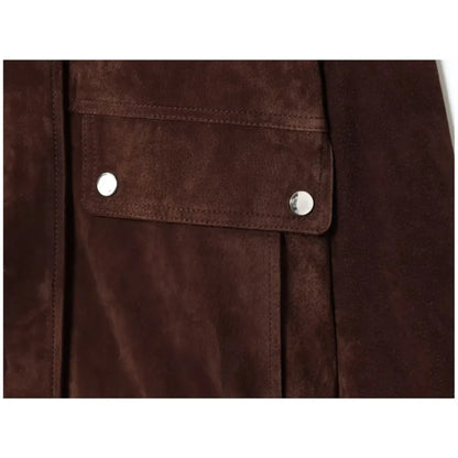 Women Suede Leather Jacket with Pockets Autumn Fashion High Collar Long Sleeve Button Jacket Lady Coats Causal Female Chic Tops