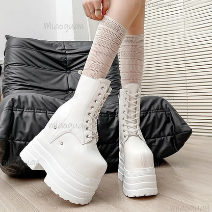 Height Increasing Women's High Boots Black Leather Thick Bottom Platform Shoes Side Zip Gothic Punk Short Boots Street Style