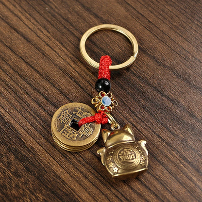 1Pc Vintage Handmade Lucky Cat Keychain Five Emperors Feng Shui Coins Key Ring Car Pendant Lucky Ornament Gift