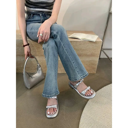 New Summer Women's Slippers 2024 Stylish Peep-toe Low Heel Silver Women's Comfortable Beach Shoes Sapatilas