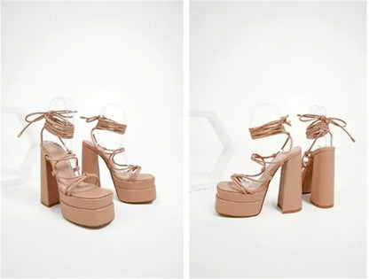 FF2025 New Fashion Solid Colored Cross-tied Heels Supper High Platform Dressing Sandals Peep-toe Square Heel Summer Footwear