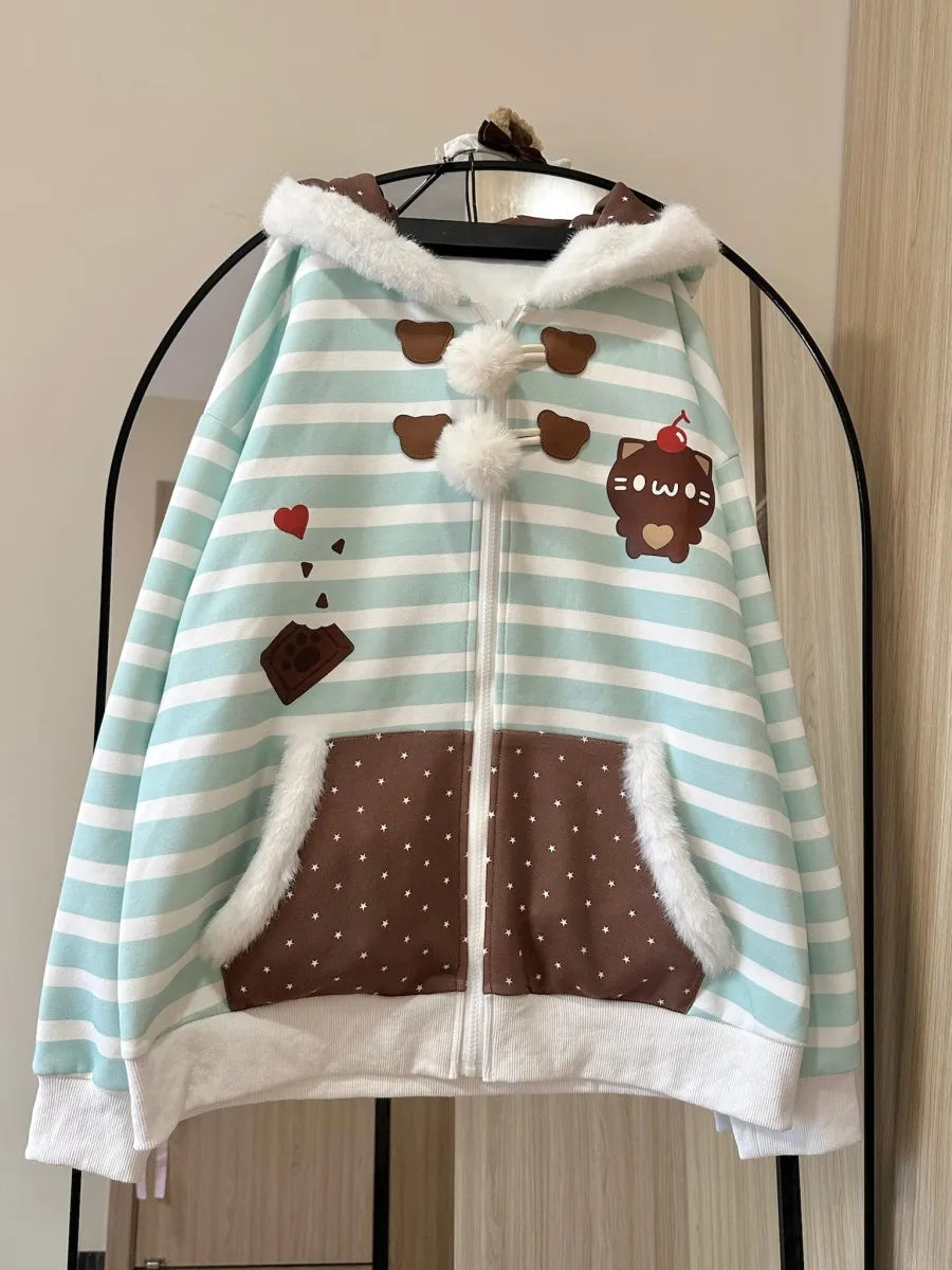 Japanese Sweet Coats Y2K Clothing Hoodie Women Tops Autumn and Winter Color Match Splicing with Thick Velvet Cardigan Jackets