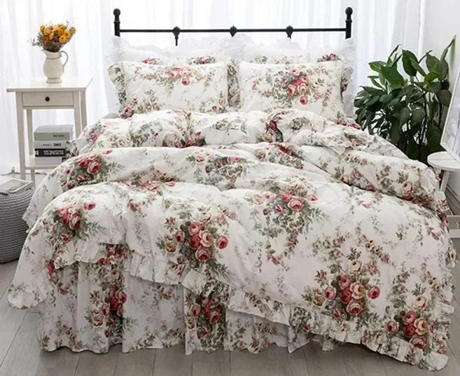 Garden Flower Print King Size Bedding Set Ruffle Duvet Cover Bed Sheet Princess Bed Linens Bedding Set Queen Comforter Sets