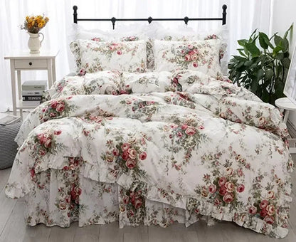 Garden Flower Print King Size Bedding Set Ruffle Duvet Cover Bed Sheet Princess Bed Linens Bedding Set Queen Comforter Sets