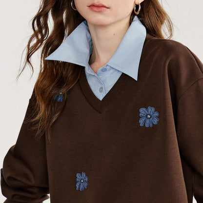 TOYOUTH Women Sweatshirt 2025 Autumn New Denim Flower Embroidery Fake Two Piece Splicing Turn Down Collar Cotton Casual Pullover