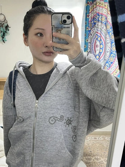 Street Sle Korean Version Simple Personali Rivet Zipper Casual Loose Matching Hoodie Jaet Unique SEI Women's Sweatirt