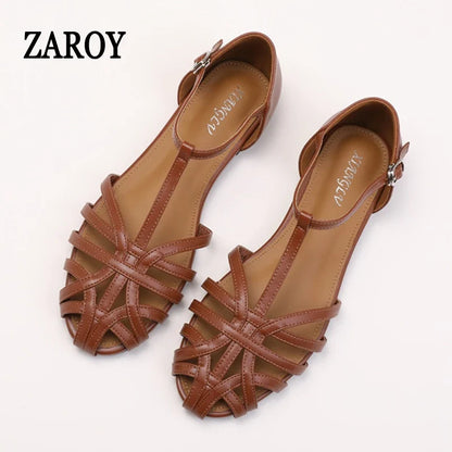 ZAROY Women's Sandals Summer Casual Footwear T-tied Cross Strap Flat Sandals Weave Hollow Roman Sandalia Zapatos сандали