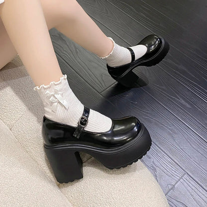 Black Super High Heels Mary Jane Shoes Women 2026 Goth Chunky Platform Pumps Woman Plus Size Ankle Buckle Party Lolita Shoes 42