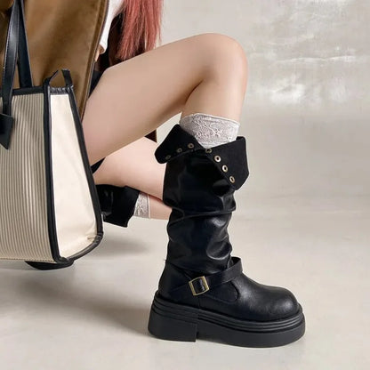 Women's High Knee Boots, Chunky Platform Stacked Rider Boots, Spring/Autumn Two-Way Edgy Fold-Over Cuff Fashion Design