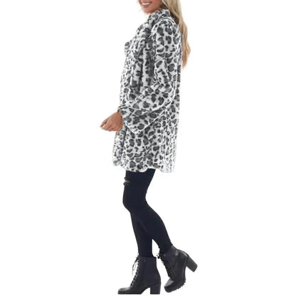Women Winter Warm Faux Fur Coat Fashion Casual Turn-down Collar Leopard Jackets Ladies Streetwear Long Sleeve Pockets Overcoats
