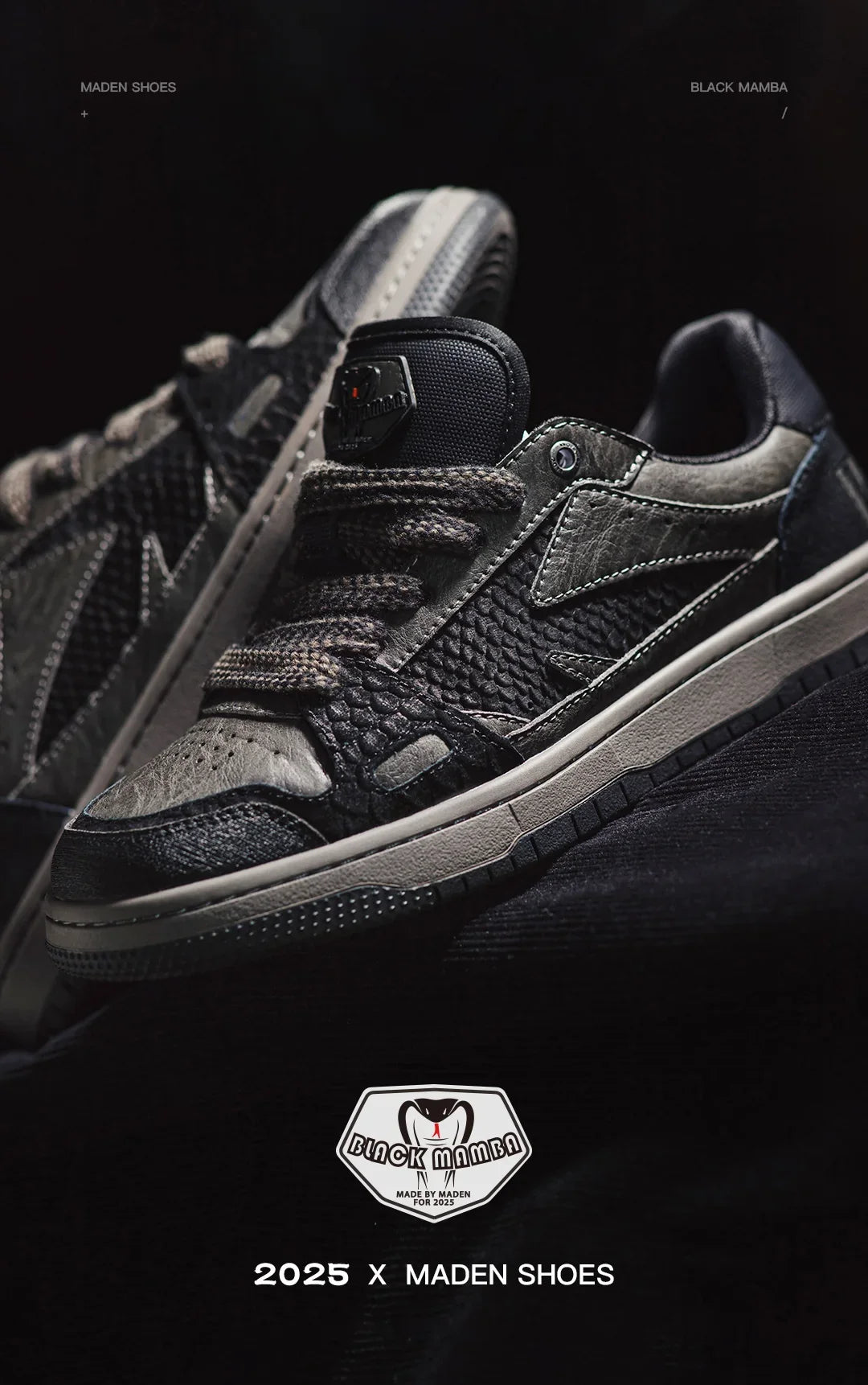 Maden Casual Snake Year Black Mamba Men's Sneakers Low-Top Flat Sole Versatile Black Shoes for Spring Autumn Skateboarding Shoes