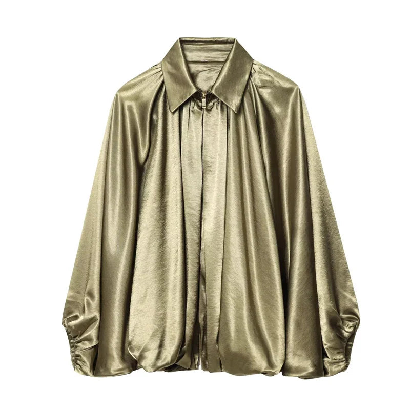 Women's Bomber Jacket Long Sleeve Pleats Street Wear With Zipper Green Beige Vintage Oversize Zip Up Casual Summer Jacket female