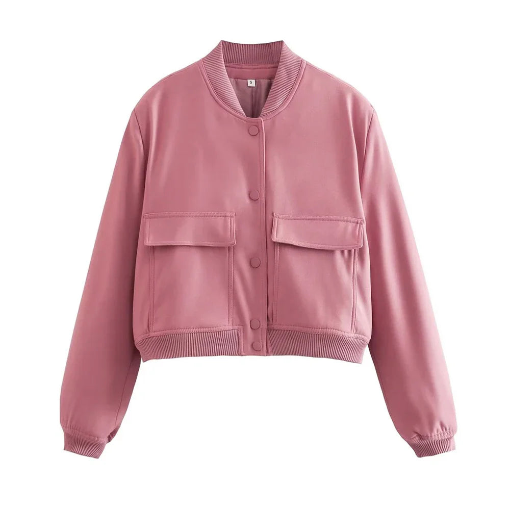 Women Fashion With Pockets Bomber Jacket Coats Vintage Long Sleeve Front Button Casual Female Outerwear Chic Tops
