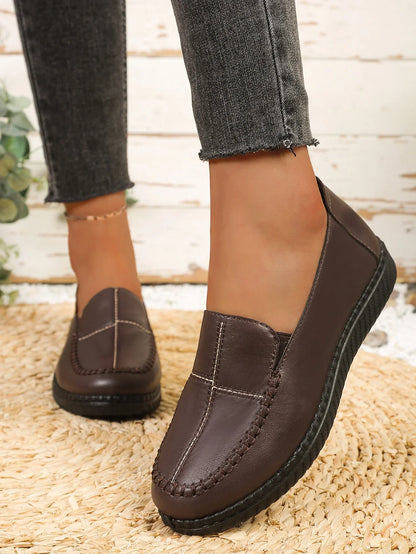 Women's Spring Autumn Leather Loafers Floral Embossed Slip‑On Flats Anti‑Slip Comfort Casual Mom Daily Walking Free Shipping