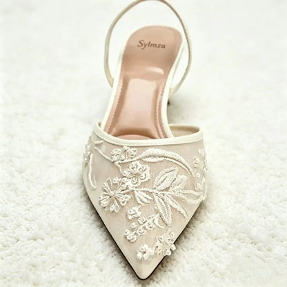 Elegant Mesh Embroidered Flowers Designer Heeled Sandals Women 2025 Summer Sexy Slingback Pointed Toe Thin High Heels Dress Shoe