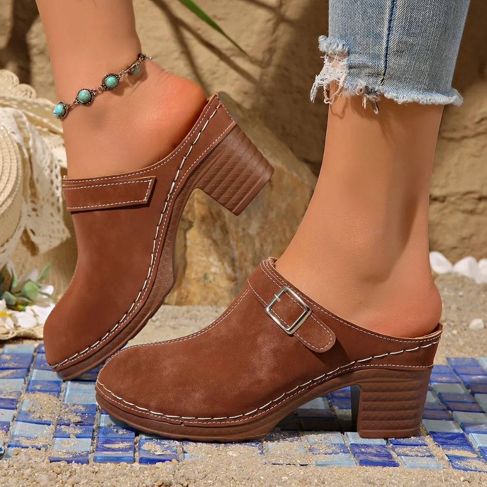 Slippers Women 2026 Summer New Plus Size Round Toe Women's Sandals Outdoor Rome Ladies Shoes Buckle Chunky Heel Slippers
