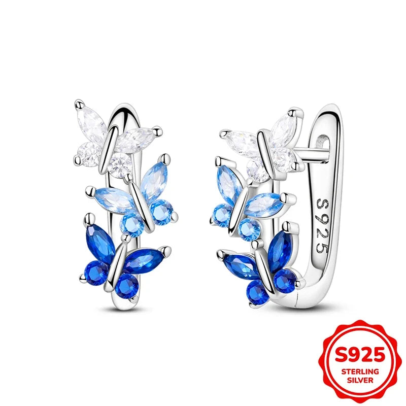 Original 925 Sterling Silver Blue Zirconium Butterfly Earrings Colored Hoop Earring Women Female Party Fine Earring Jewelry Gift