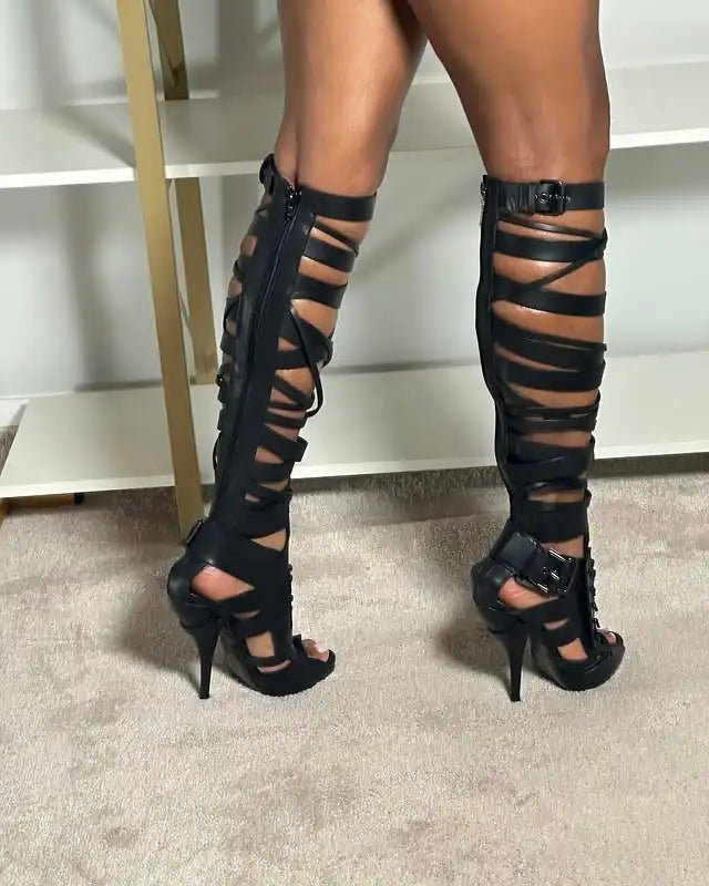 2026 Women Sandals Knee High Boots Cross Strap Hollow Fashion Elegant Sexy Women Shoes Newest Round Toe Thin Heels 4