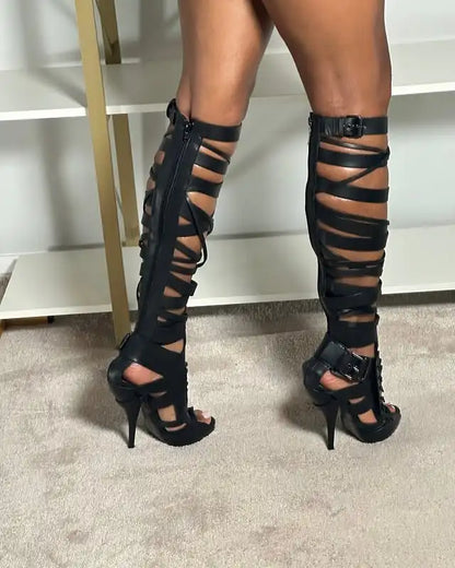 2026 Women Sandals Knee High Boots Cross Strap Hollow Fashion Elegant Sexy Women Shoes Newest Round Toe Thin Heels 4