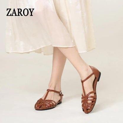 ZAROY Women's Sandals Summer Casual Footwear T-tied Cross Strap Flat Sandals Weave Hollow Roman Sandalia Zapatos сандали