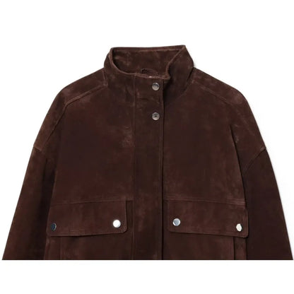 Women Suede Leather Jacket with Pockets Autumn Fashion High Collar Long Sleeve Button Jacket Lady Coats Causal Female Chic Tops