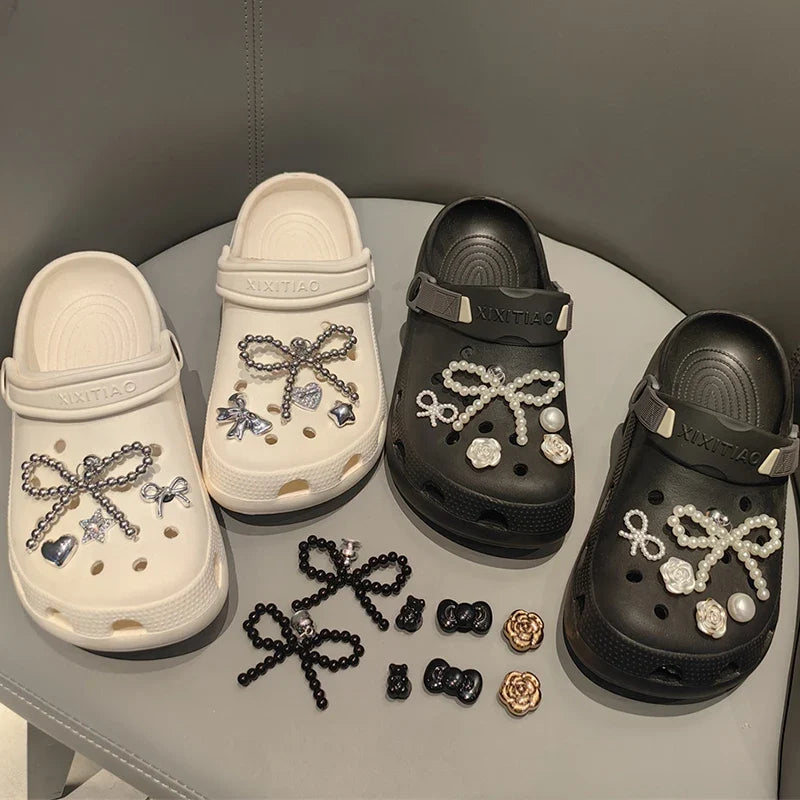 New Pearls Bowknot Shoes Charm Set 2026 Punk Heart Flowers DIY Shoe Accessories Ballet Style Silver Detachable Shoe Buckle Decor