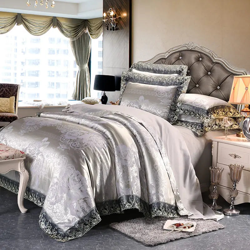 Luxury Jacquard Bedding Set Tencel Modal Duvet Cover 4PCS with Lace Satin Bed Sheet Pillowcases King and Queen Size Home Textile