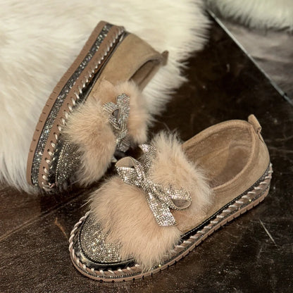 Trend Women Sneakers Furry Crystal Bow  Women Casual Shoes Flat Platform Loafers Short Plush Warm Autumn Winter Sneakers Woman