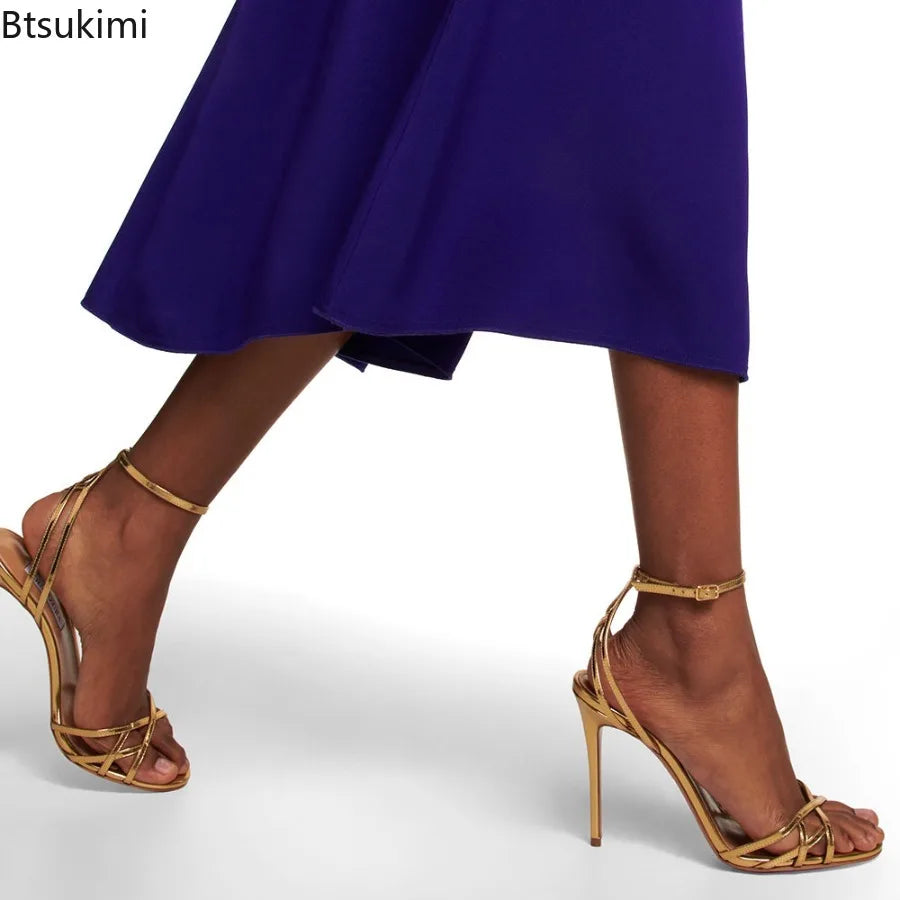 New 2026 Summer Women's Patent Leather Sandals Round Toe Open-toe Stiletto Sexy Ladies Sandals Thin High-heeled Banquet Dress