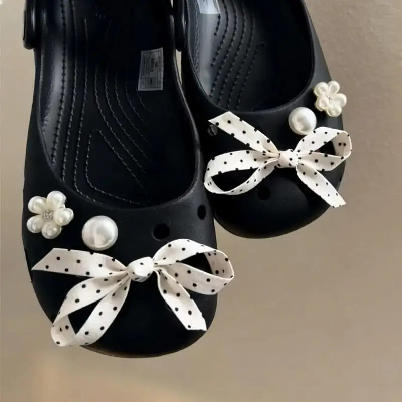 Elegant Polka Dot Bowknot DIY Shoes Charms Set 2026 New Luxury Faux Pearl Ballet Clogs Accessories Woman's Shoes Decorations