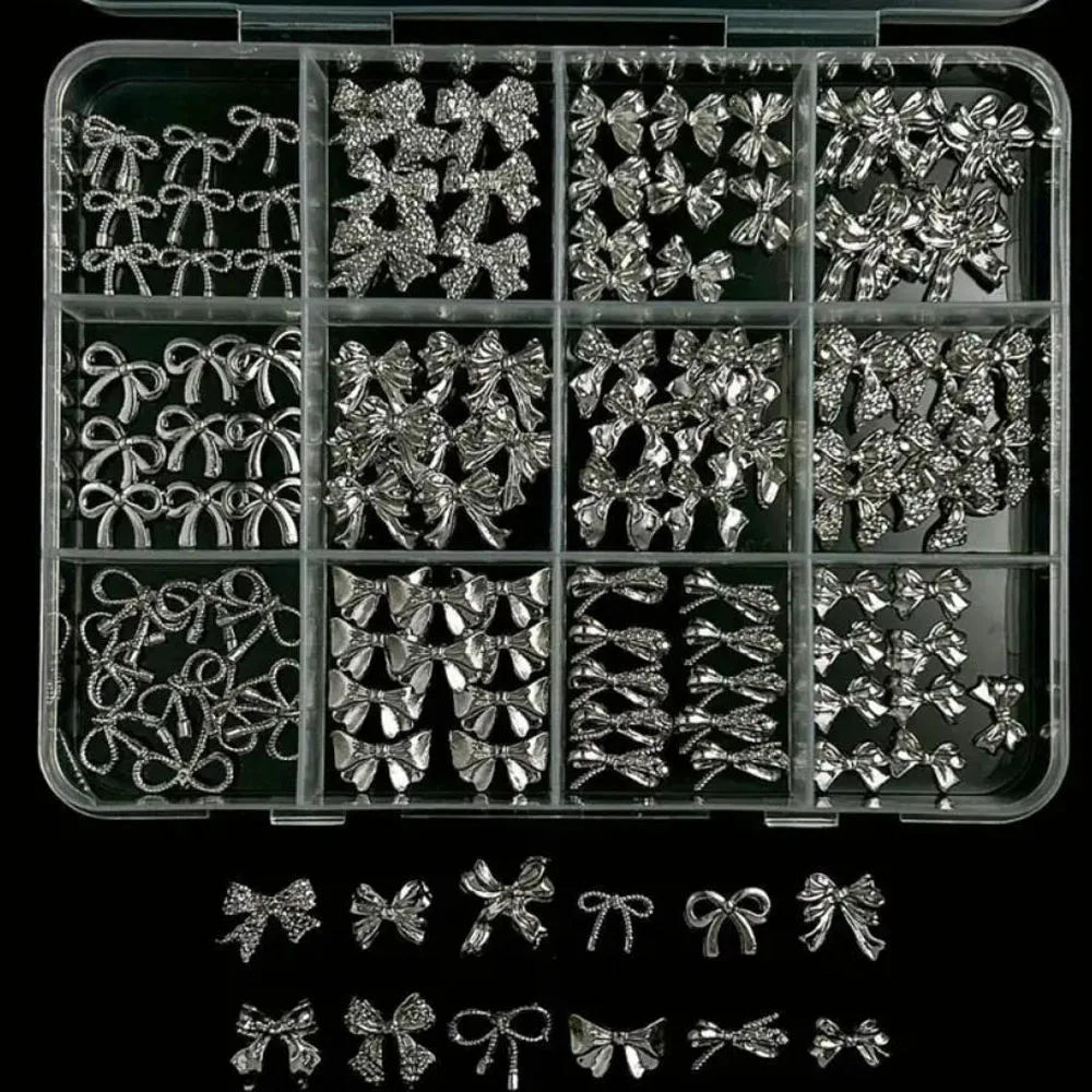 120Pcs/Box 3D Silver Exquisite Bowknot Nail Charms Simple Alloy Ribbon Bowtie Nail Art Decorations DIY Luxury Manicure Accessory