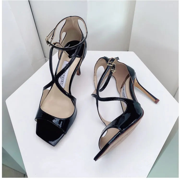 Luxury Sequined Women Gladiator Sandals Summer Designer Shoes for Women 2026 Square Head Hollow High Heels Fashion Ladies Shoes