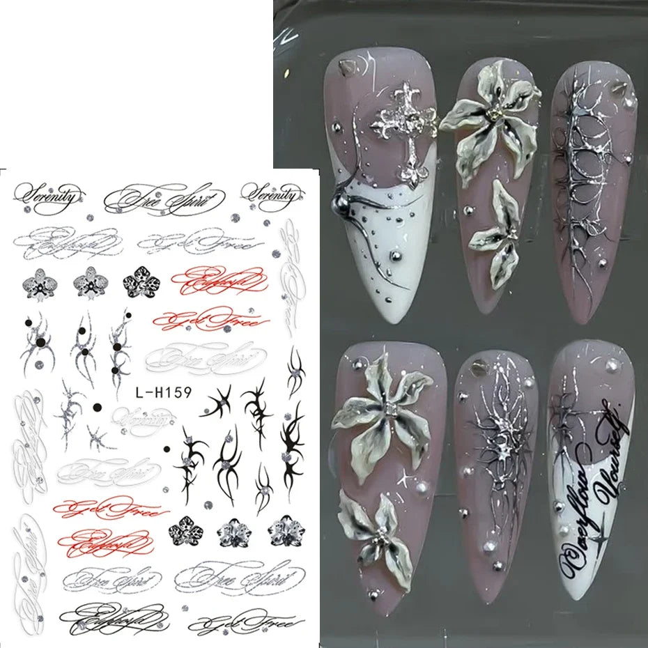 2/3 pcs Punk Style English Letters Nail Stickers Gothic Artistic Lettering Nail Charms Y2K Metallic Retro Letters Nail Decor