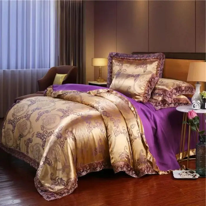 Luxury Jacquard Bedding Set Tencel Modal Duvet Cover 4PCS with Lace Satin Bed Sheet Pillowcases King and Queen Size Home Textile