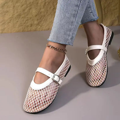Women's Mary Jane Flats 2026 New Hollow Out Mesh Breathable Fishnet Ankle Strap Casual Summer Sandals