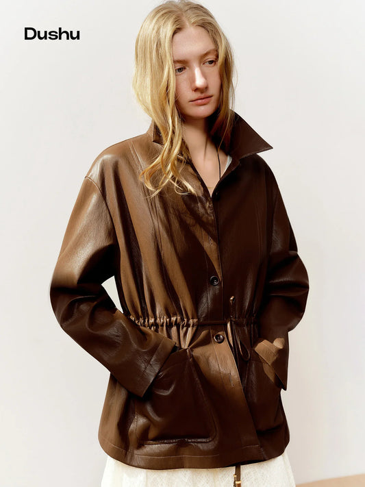 DUSHU 2026 Spring Women's Drawstring Waist Oversized Leather Jacket - Flattering Fit Cropped Motorcycle Style PU Coat for Casual