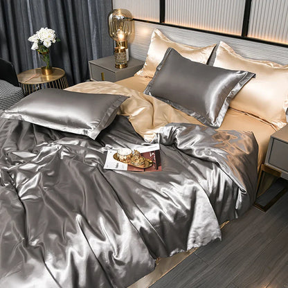 A/B Double-Sided Color Bedding Set Silky Satin Duvet Cover Bed Sheet Pillowcase Luxury Bedsheet King Queen Double Twin Size