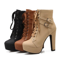New Women's Pumps Shoes Womens Thick Sole Boots Lace Up Ladies Ankle Boots Comfortable Stiletto Heels Botas Altas Mujer