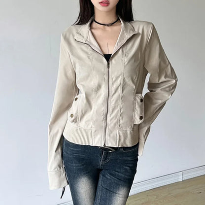 Women Jacket Pocketd Long Sleeve dCasual Zipper Coats Slim Fit Turn Down Collar Solid Outwear Elegant Lady Autumn 2024