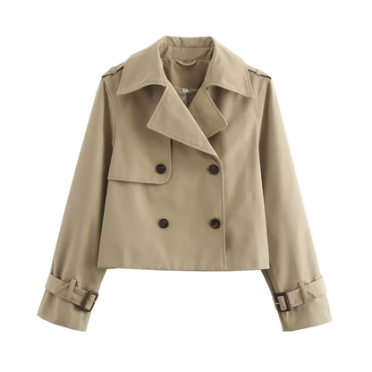 Ladies Vintage Cropped Trench Spring Autumn Jacket Women Streetwear Double Breasted Long Sleeve Top Female Chic Coat Outfits