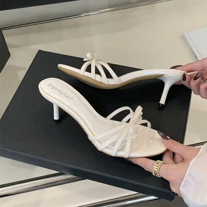 Women Thin Heels Sandals Slides Shoes Butterfly-Knot Footwear Fashion Round Toe Ladies High Heels Shoes Female Sandals Pumps