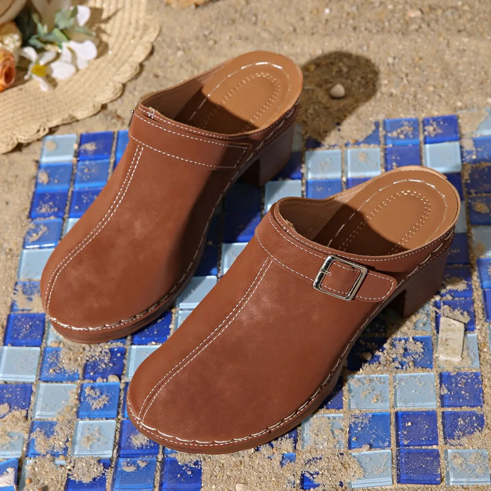 Slippers Women 2026 Summer New Plus Size Round Toe Women's Sandals Outdoor Rome Ladies Shoes Buckle Chunky Heel Slippers