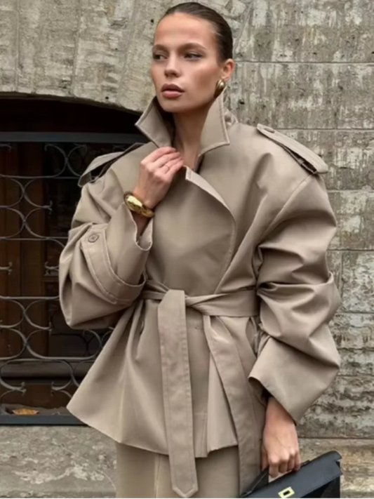 Fashion Women Lace Up Cropped Trench Coat 2026 Lapel Long Sleeves Wide Shoulder Windbreaker Jacket Lady Spring Commuting Outwear