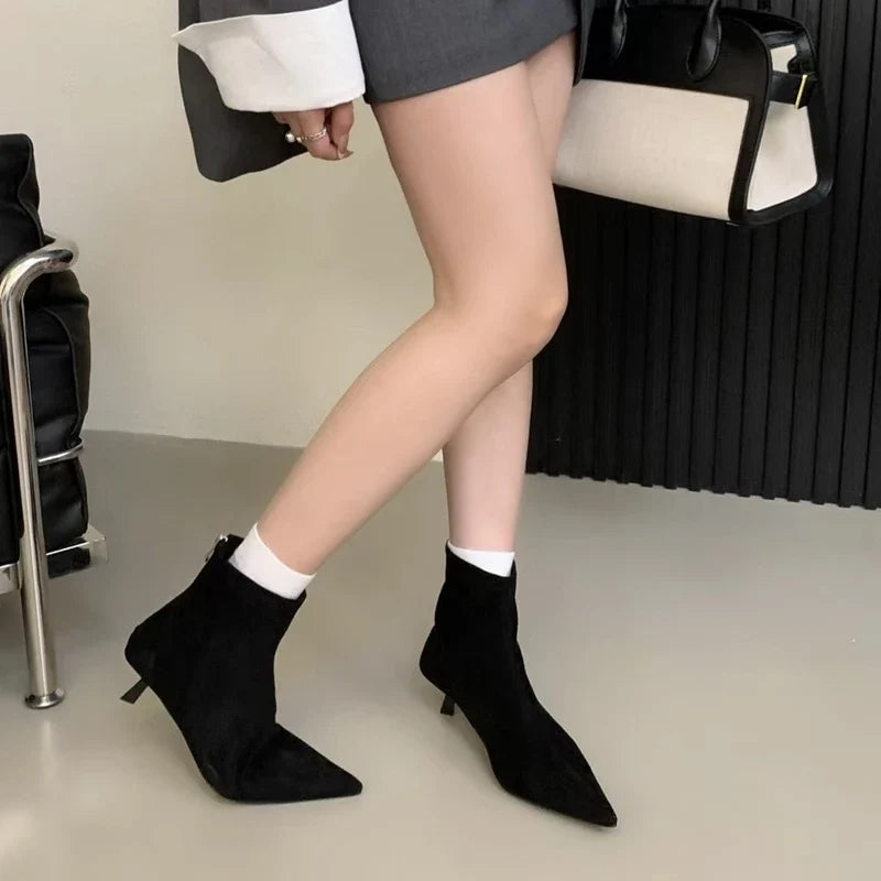 SUOJIALUN 2024 Winter New Brand Women Short Boots Fashion Pointed Toe Ladies Elegant Ankle Boots Thin High Heel Dress Pumps Shoe
