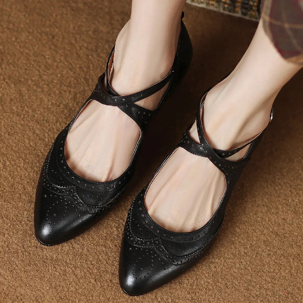 Women's genuine leather thin high heel cross strap carving british style pumps elegant ladies retro daily slim dress pumps shoes