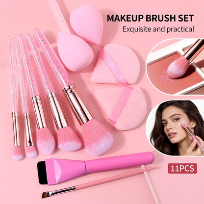 11Pcs Pink Makeup Brush Set with Sponge & Puff, Professional Glitter Handle Brushes for Foundation, Eyeshadow, Blush, Full Face